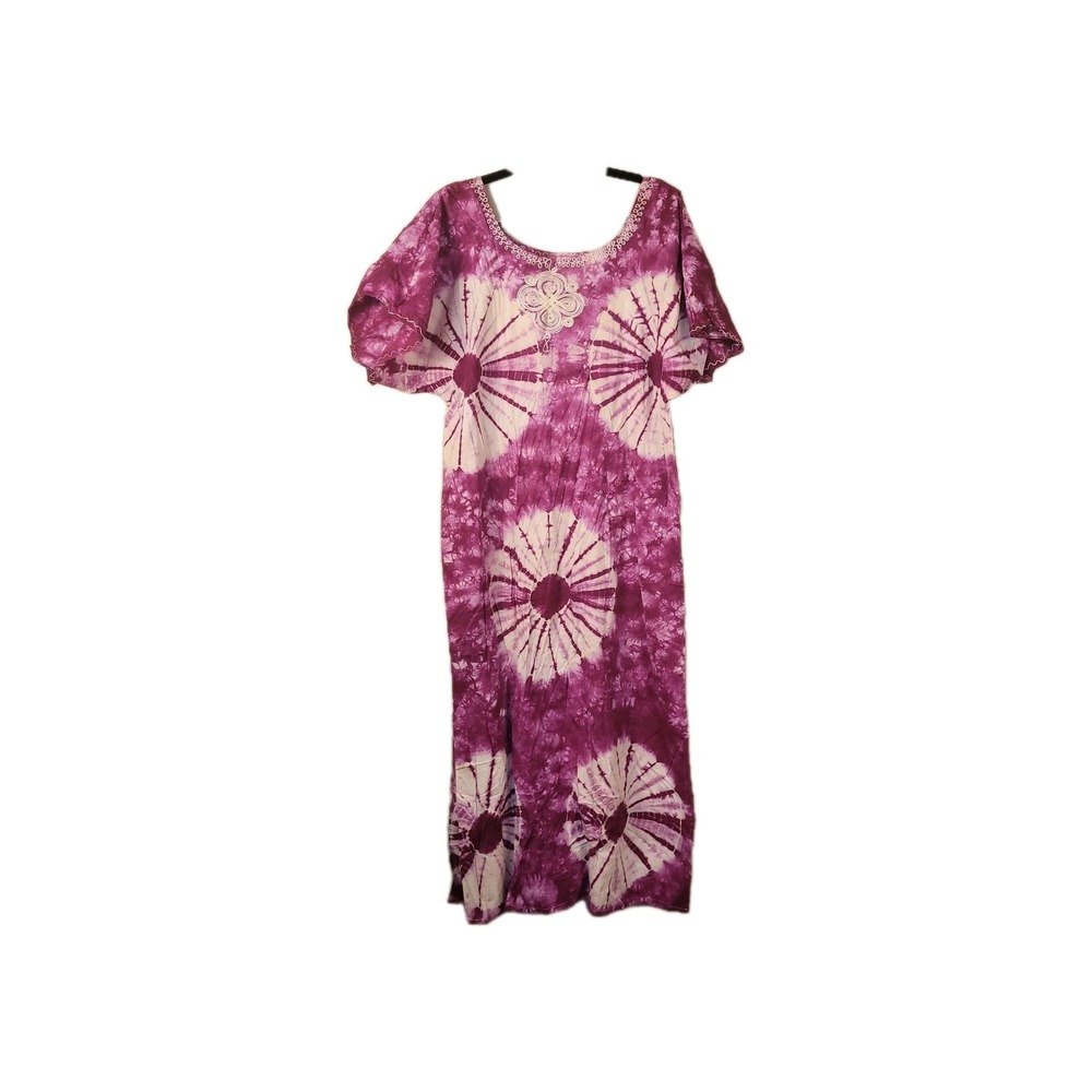 Handmade Tie Dye Maxi Dress Purple‎ White Boho Festival Embroidered Neckline...
